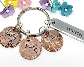 Family Keychain, Penny Keychain, Personalized Keychain, Last Name Keychain, Husband Gift, Anniversary Gift, Stamped Penny Keychain, Gift