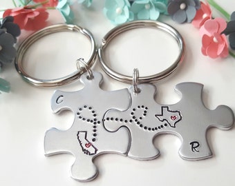 Boyfriend Girlfriend Keychains, Puzzle Keychains, Connected States, Couple Key Chains, Gift for Boyfriend, His and Hers, Couples Puzzle