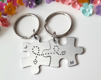 Puzzle Piece Keychains with Connected Heart and Personalized Initials, Gift for Couples, Anniversary, Moving Away, Long Distance Gift
