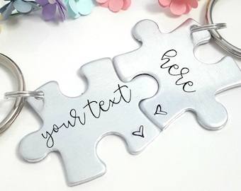 Personalized Puzzle Piece Keychain Set Hand Stamped Missing Puzzle ...