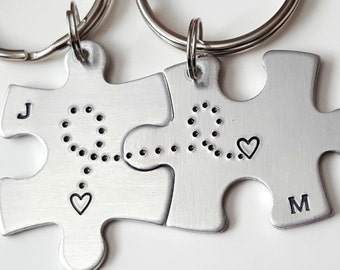 Puzzle Piece Couple Keychains, Custom Stamped for him and her, Couples Initial Keychain, Anniversary Gift Boyfriend Girlfriend, Valentine’s
