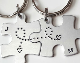 Long distance keychain, couples keychain, personalized keychain, hand stamped keychain, boyfriend gift, connected hearts, couples initials