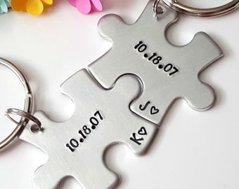 Couples Custom Puzzle Piece Key Chain Set, His and Hers, Date and Initials, Anniversary Gift for Him Personalized, Boyfriend Gift