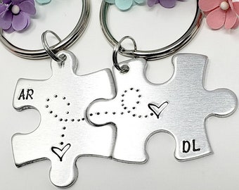 Puzzle Piece Couple Keychains, Custom Stamped for him and her, Couples Initial Keychain, Anniversary Gift Boyfriend Girlfriend, Husband Wife