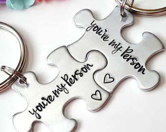 Youre My Person Puzzle Piece Key Chain Set Hand Stamped Personalized His and Hers Set Gift for Her Gift for Him