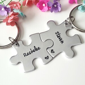 Personalized Couple Keychains: Hand Stamped Aluminum Puzzle Piece Set
