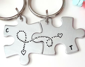 Long distance keychain, couples keychain, personalized keychain, hand stamped keychain, boyfriend gift, connected hearts, couples initials