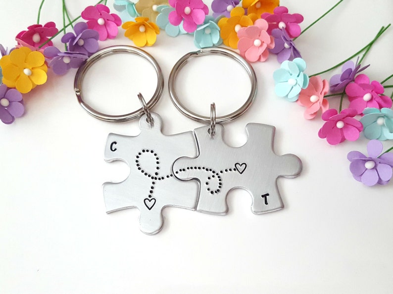 couples initials couples keychain Long distance keychain hand stamped keychain personalized keychain connected hearts boyfriend gift