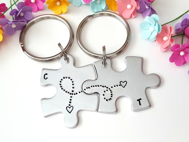 couples initials couples keychain Long distance keychain hand stamped keychain personalized keychain connected hearts boyfriend gift