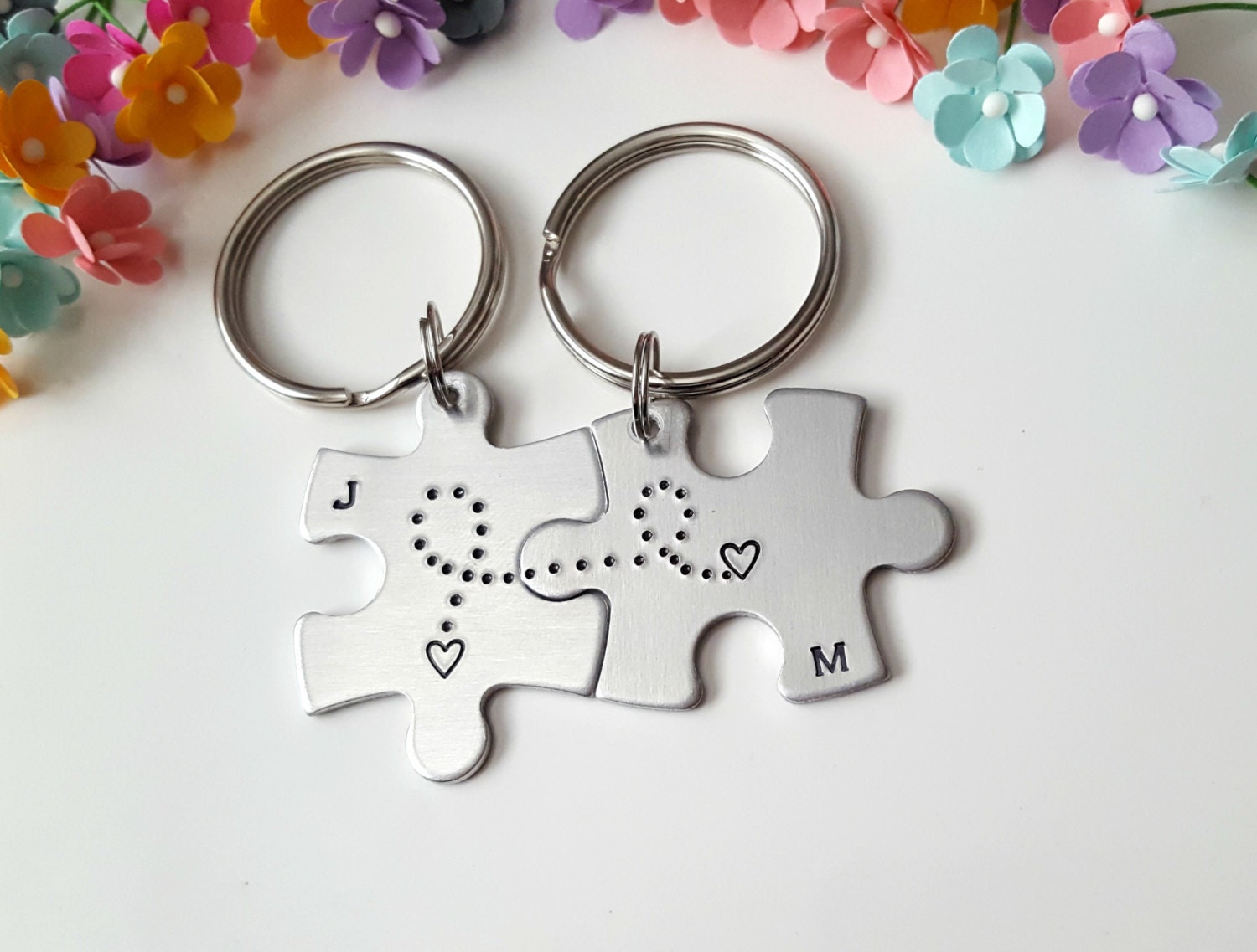 Puzzle Piece Keychains, Couple Keychains, Connected by Heart