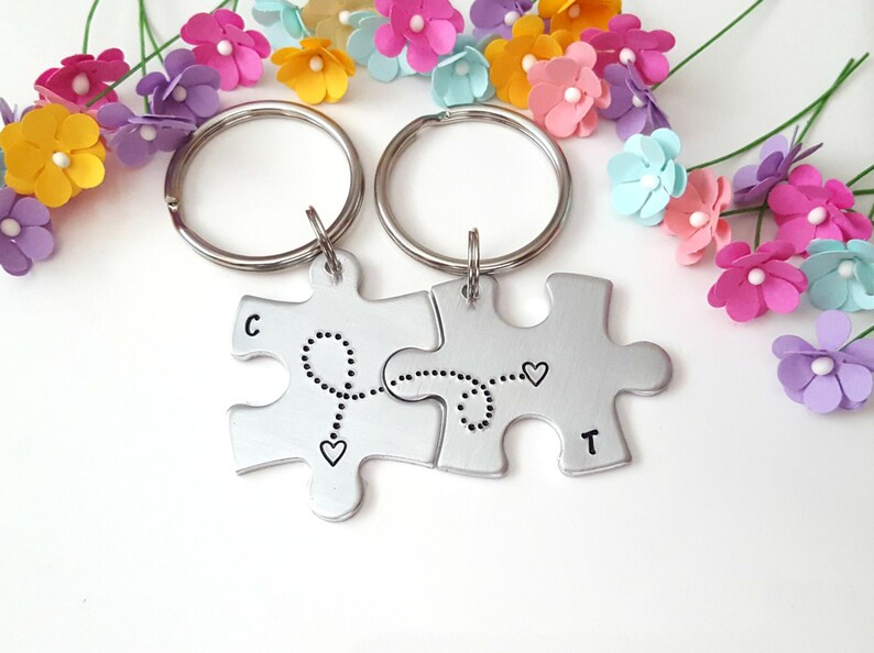 couples initials couples keychain Long distance keychain hand stamped keychain personalized keychain connected hearts boyfriend gift