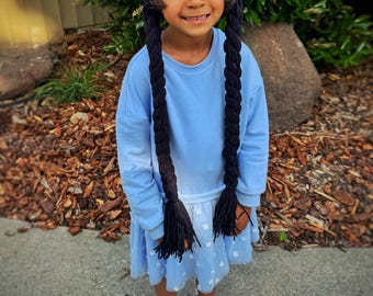 Wednesday Addams crochet knit hat long braids child adult black wig