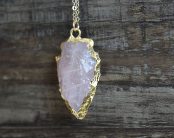 Rose Quartz Crystal-Gold Electroplated Dipped Arrowhead Pendant-Love-Heart Chakra-Heal-Dainty Layering Necklace-Gold Filled 14k
