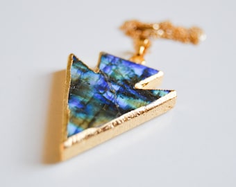 Labradorite Crystal-Arrowhead Gold Dipped Pendant-Mystic Portal-Deflects ILL Intent-Artemis-Scrying-Wisdom-Layering Necklace-Gold Filled 14k