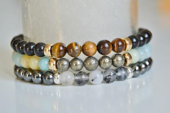 Amazonite & Pyrite-Speech From Heart-Abundance-Tigers Eye and Obsidian-Protection-Tourmalinated Quartz and Hematite-Focus-Beaded Bracelet