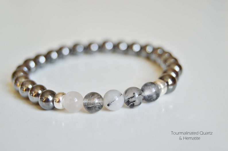 Amazonite & Pyrite-Speech From Heart-Abundance-Tigers Eye and Obsidian-Protection-Tourmalinated Quartz and Hematite-Focus-Beaded Bracelet image 7
