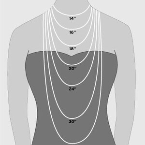May include: Diagram showing different necklace lengths on a model, ranging from 14 inches to 33 inches.