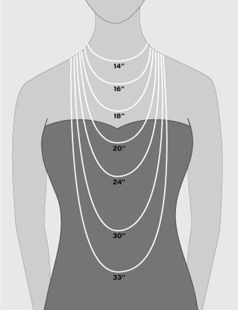 May include: Diagram showing different necklace lengths on a model, ranging from 14 inches to 33 inches.