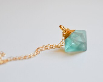Tiny Fluorite-Black Onyx-Clear-Rose Quartz-Gold Dipped Crystal-Geometric Pyramid-Cleanses Aura-Stress-Worry-Dainty Necklace-Gold Filled 14k
