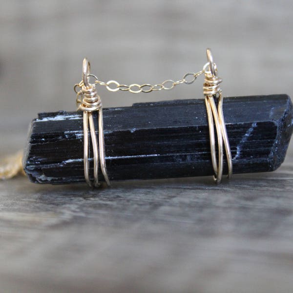 Large Black Tourmaline-Shield-Protects Against Entities & ILL Intent-Psychic Attack-Wire Wrapped Pendant-Necklace-Gold Filled Filled 14k...