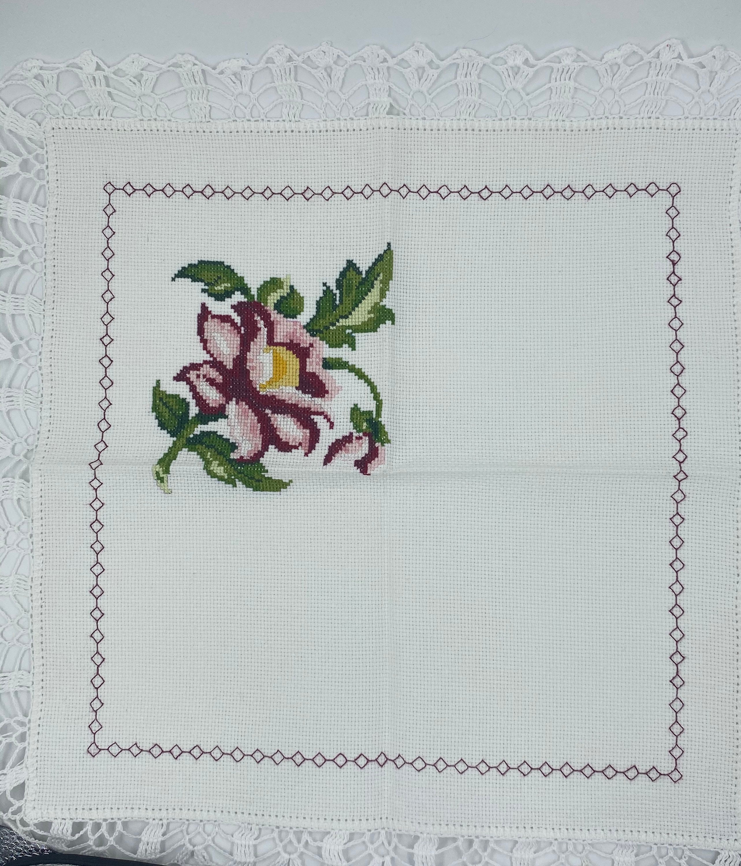 Cross stitch flower napkin with crocheted edges 14x 14 Etsy