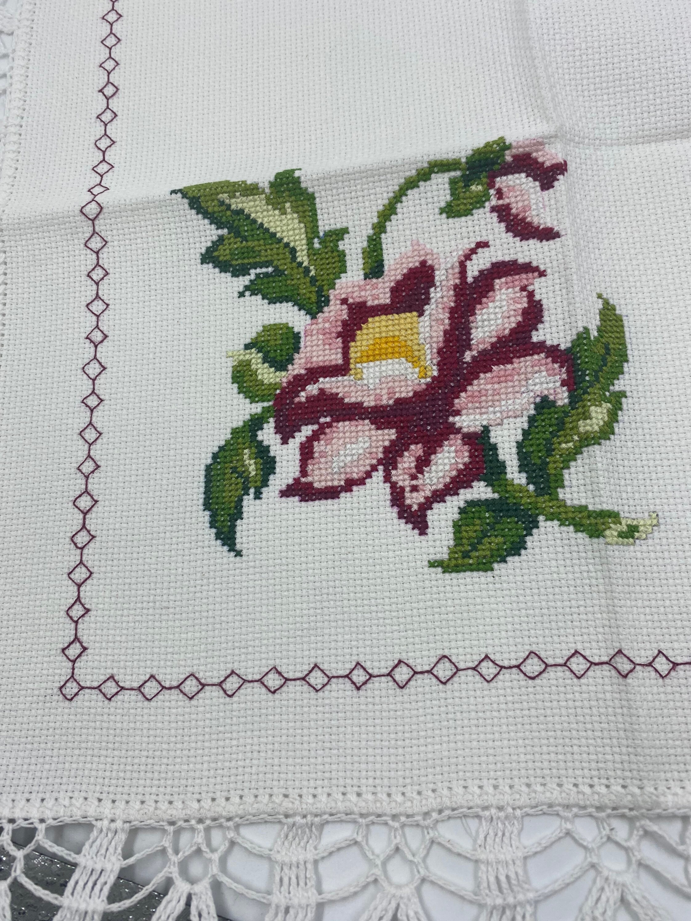 Cross stitch flower napkin with crocheted edges 14x 14 Etsy