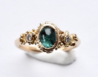 Blue Tourmaline & Diamond Engagement Ring | Recycled Gold | Lichen | Barnacle | Moss Ring