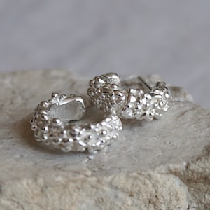Chunky Organic huggie Hoop Earrings | Granulated | Natural Textured | Recycled Silver |