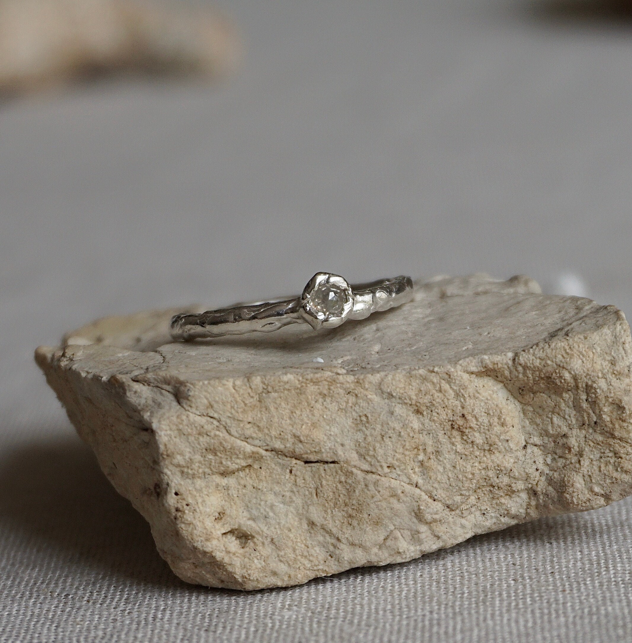 Molten Silver | Rose Cut Diamond Ring White Eco Engagement