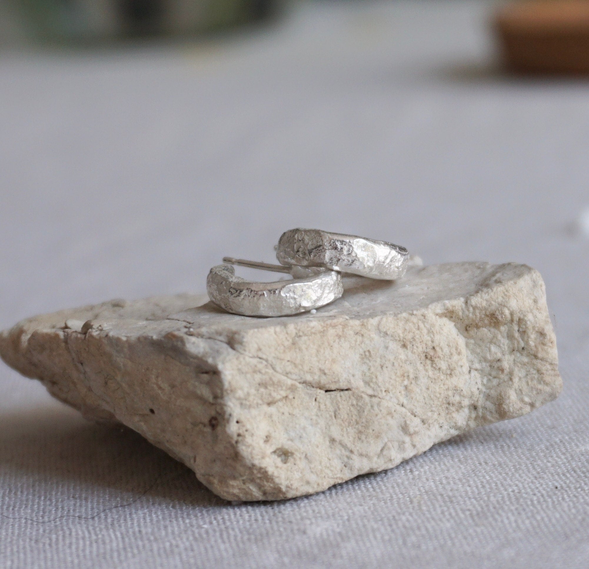 Rock Hoop Earrings | Stone Texture Natural Minimalist Recycled Silver Huggies
