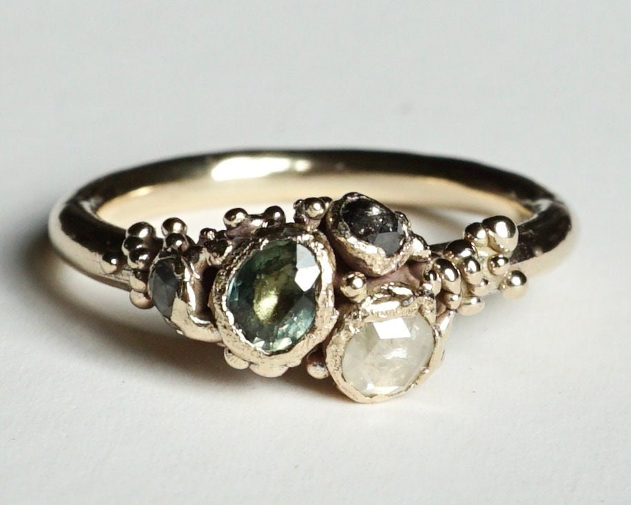 Green Sapphire | Diamond Engagement Ring Grey Rose Cut Recycled Gold Eco
