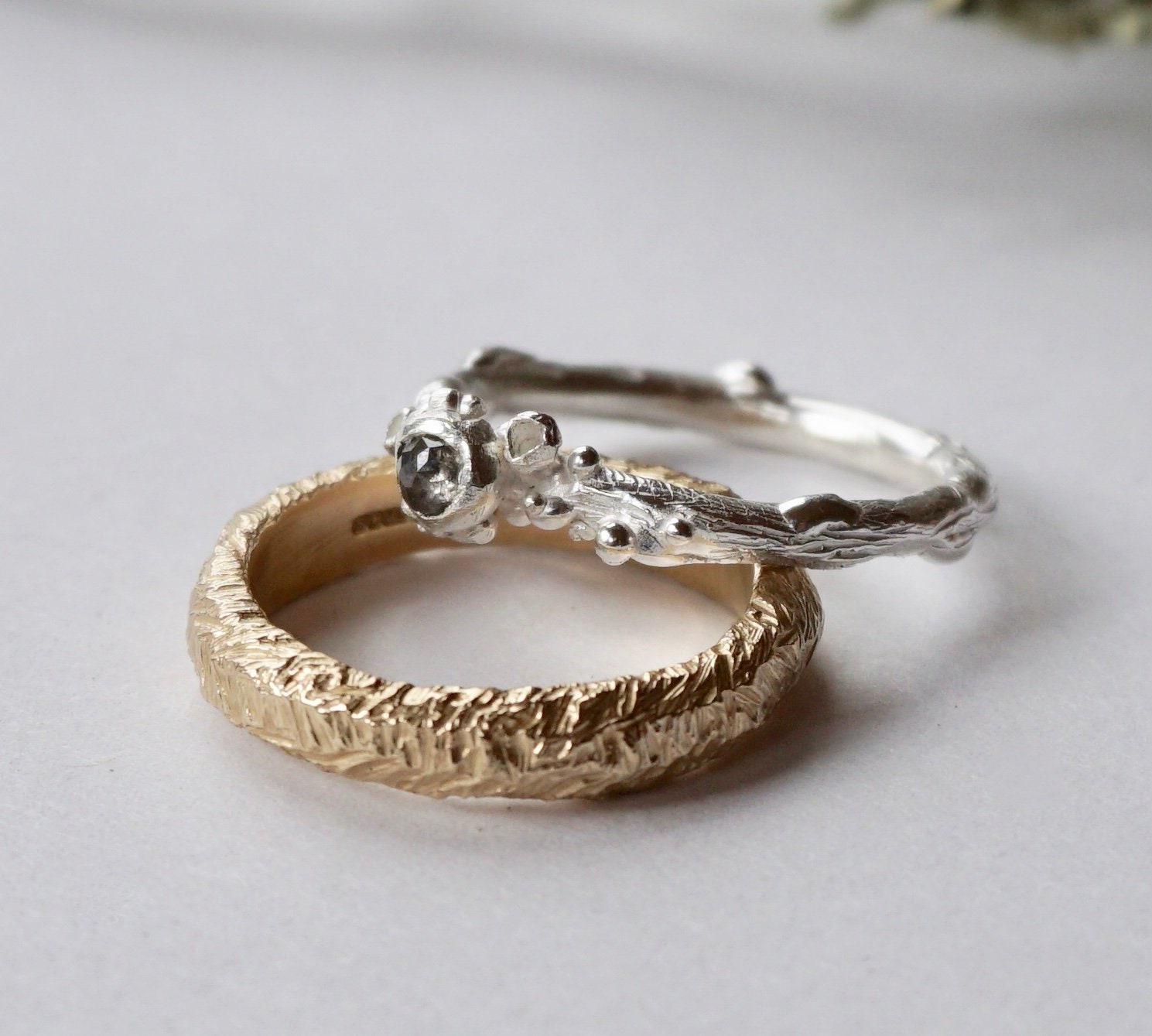 Salt & Pepper Diamond Engagement Ring | Organic Twig Lichen Barnacle