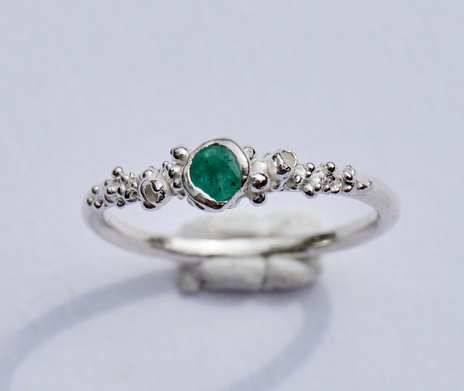 Forest Green Emerald Engagement Ring | Twig Dainty Lichen Moss Recycled Silver Minimalist Eco