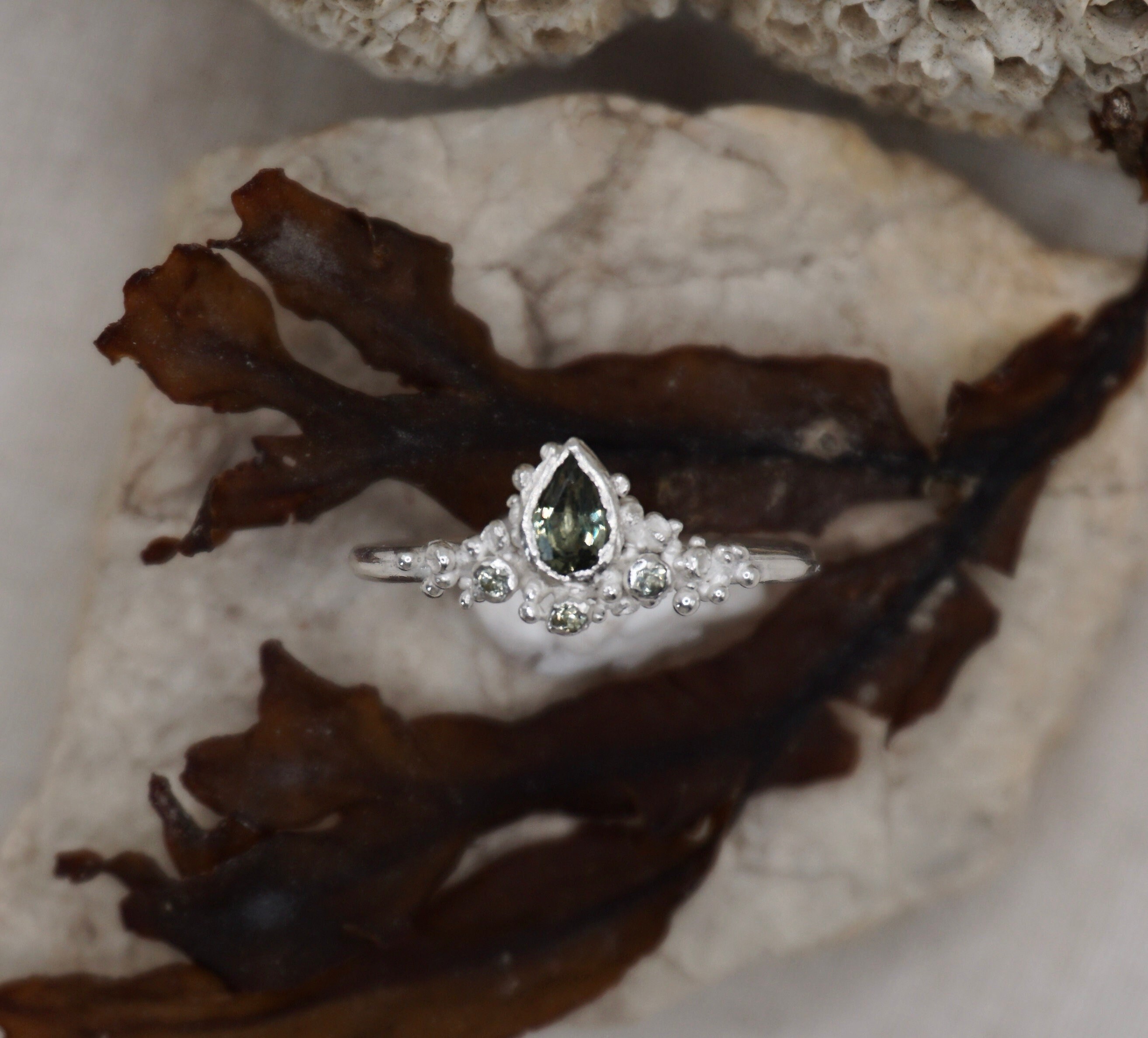Green Sapphire Ring | Siren Mermaid Engagement Recycled Silver Barnacle