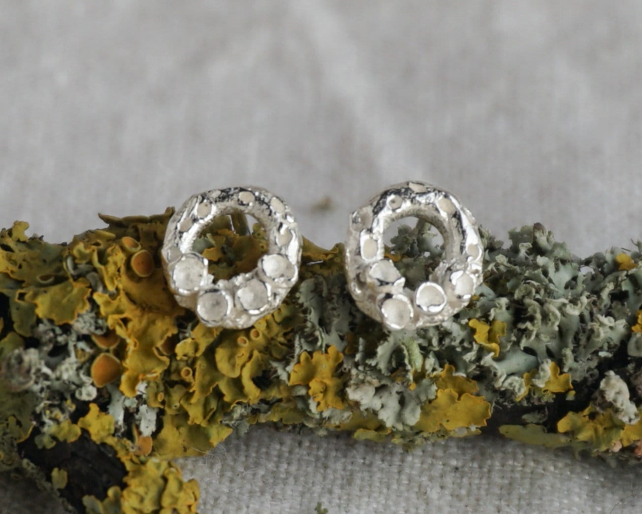 Mini Lichen Circle Stud Earrings | Minimalist Moss Nature Organic Recycled Silver