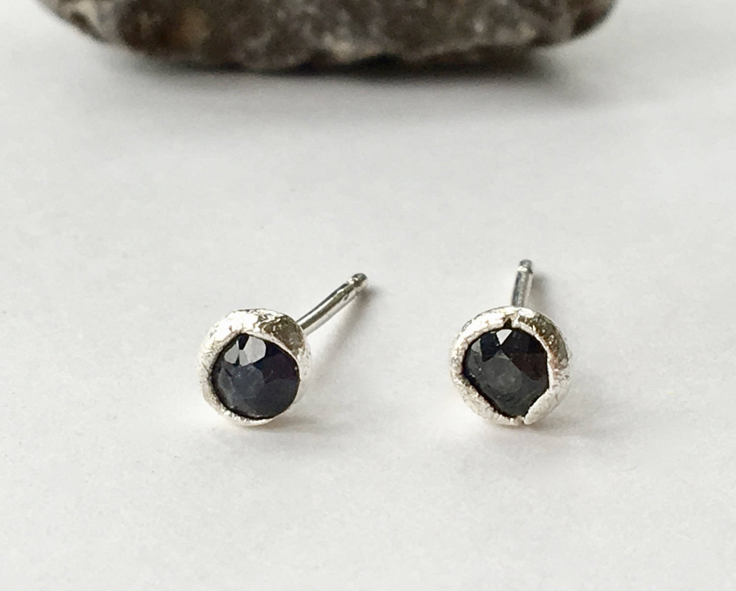 Raw | Organic Rustic Sapphire Stud Earrings Recycled Silver Molten