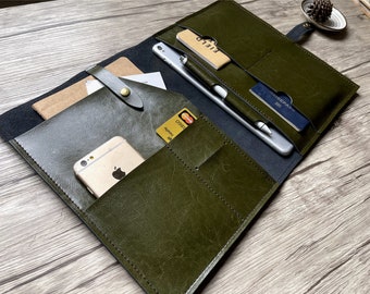 Personalized Luxury Green Leather Portfolio, A4 Mens Leather Padfolio,  Leather Folder Organizer, A5 Notebook Cover, Travel Document Holder