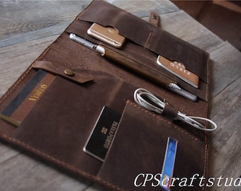 May include: A brown leather portfolio with multiple pockets and compartments. The portfolio is open and contains a passport, credit cards, a phone, a pen, and a set of headphones.