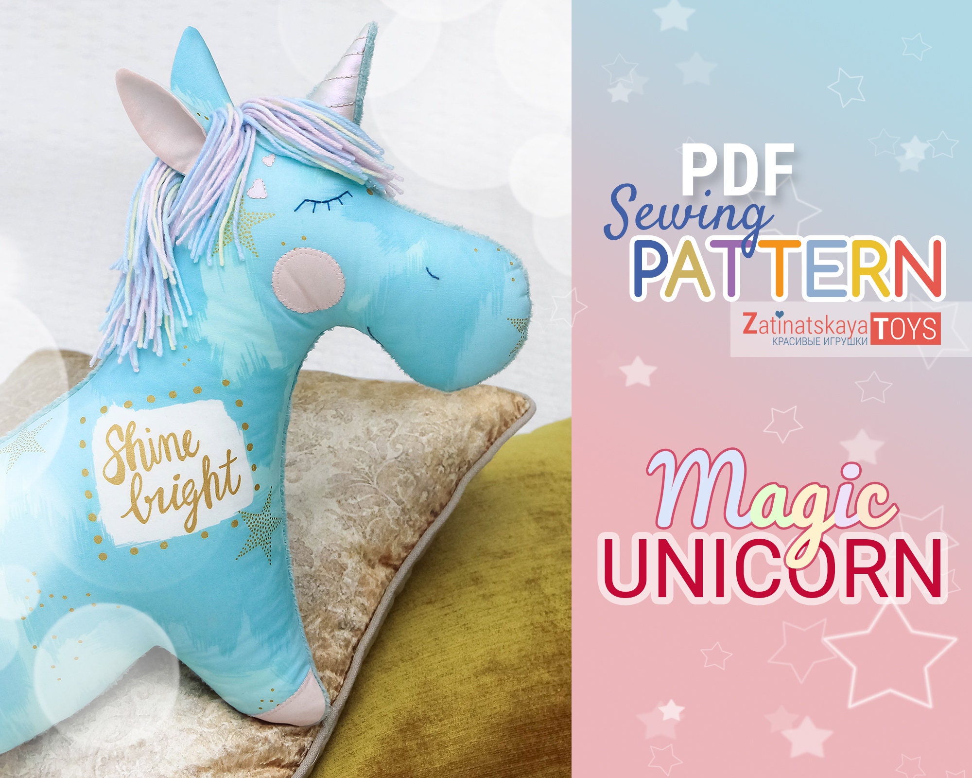 DIY unicorn sewing pattern plush toy pillow pdf Etsy