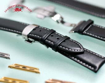 Box Calf Black Genuine Leather - Apple watch band with Deployment Buckle for 38/40mm and 42/44mm watch strap