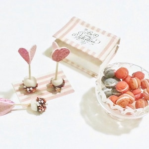 Può includere: Un set di tre mini cake pops a tema San Valentino con decorazioni a forma di cuore rosa. I cake pops sono decorati con cioccolato bianco e codette. È inclusa anche una piccola scatola con il testo "Be My Valentine". Una ciotola di mini macarons in tonalità rosa e grigio è sullo sfondo.