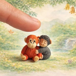 Può includere: Sculture in miniatura di argilla raffiguranti due scimmie che si abbracciano. Una è arancione, l'altra grigia. Lo sfondo è un acquerello di una scena di foresta con una cascata e fiori gialli.