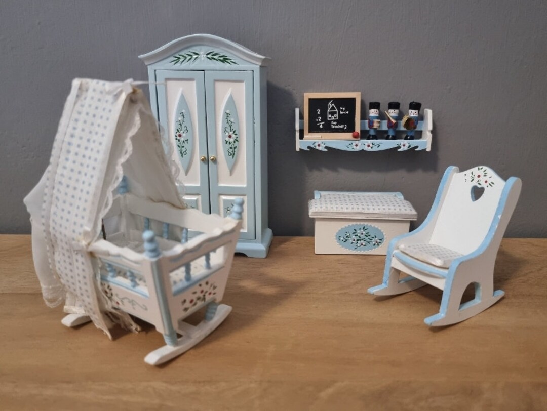 Vintage Dollhouse Nursery Furniture Set / 112 Nursery Craddle and Furniture / Miniature Nursery
