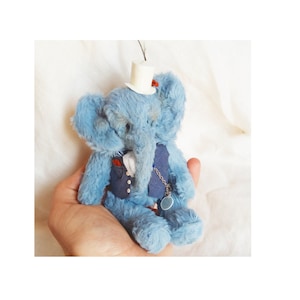 Miniature OOAK stuffed elephant toy / miniature elephant plush toy / collectible miniature elephant blue / collectible artist OOAK elephant