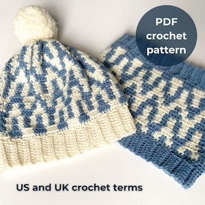 Bellever Hat and Cowl Set Crochet Patterns - Create a cozy and fun tapestry crochet beanie and snood with DK yarn