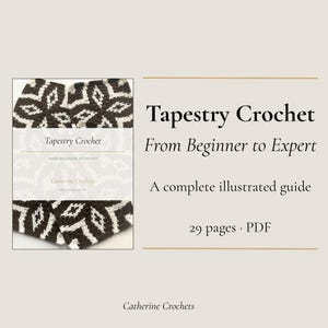 Puede incluir: Una guía digital en PDF de 29 páginas titulada Tapestry Crochet From Beginner to Expert. La portada presenta un patrón de ganchillo geométrico en marrón y blanco, el texto Catherine Crochets y el subtítulo A complete illustrated guide.