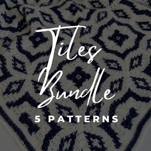 May include: A close-up of a white and blue crocheted blanket with a geometric pattern. The text "Tiles Bundle 5 Patterns" is written in white on the blanket.