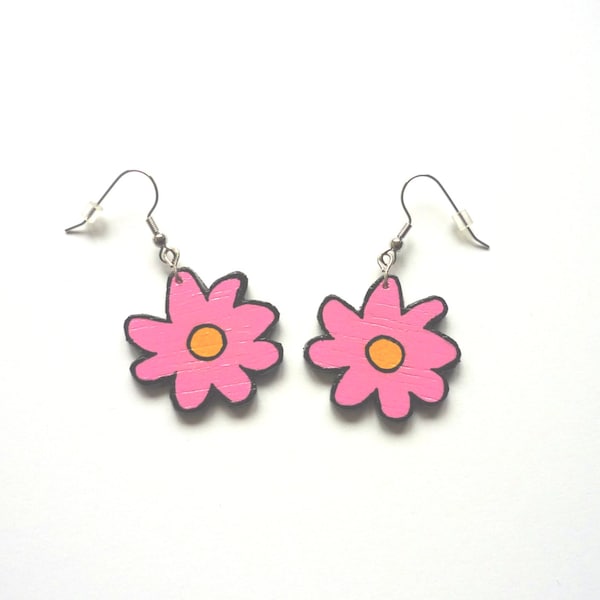 Flower Earrings | Wooden Earrings | Pink Flowers | Handpainted | Back Gold | Platinum Earring Hooks | Daisy Earrings | Orginal Women Gift |