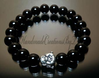 Buddha Bracelet, Black Onyx, STERLING SILVER .925 Buddha, Wrist Mala, Chakra, Prayer, Meditation, Yoga Jewelry Men Women