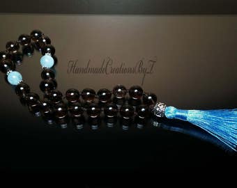 Pocket Mala - Smokey Quartz, Aquamarine, Blue Tassel, Sterling Silver Guru, Hand Knotted 27 Bead Quarter Mala, Chakra Healing